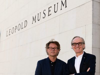 Hearonymus mobile phone audio guide founder Peter Grundmann with the director of the Leopold Museum Hans-Peter Wipplinger